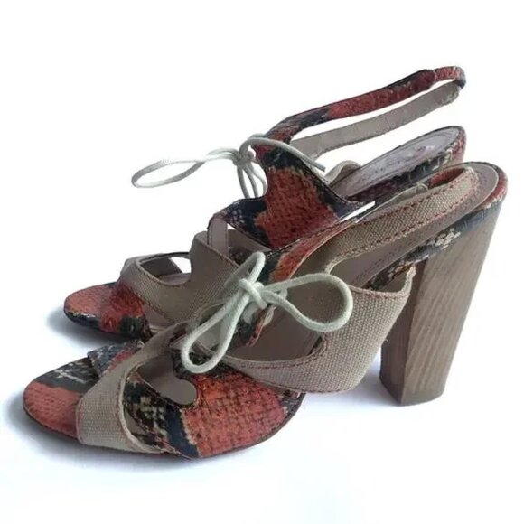 Tracy Reese Annie Snakeskin Block Wooden Chunky Heel Lace Up Strappy Sandal 39.5 - Picture 5 of 9